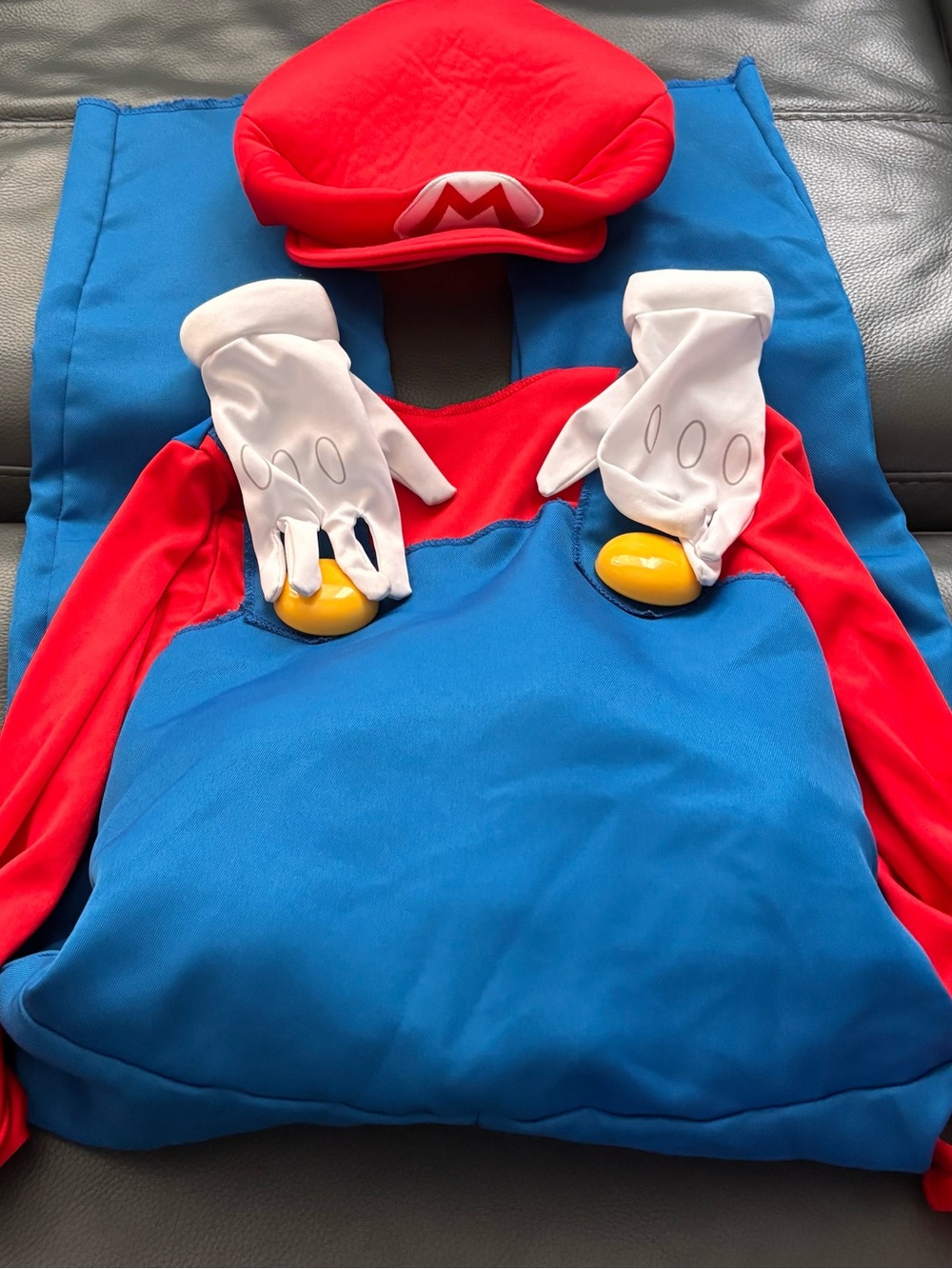 Nintendo Red and Blue Superhero Costume with White Gloves and Yellow Buttons